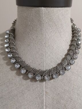Silver Tone Mesh/Rope With Rhinestone Necklace - Glam Party Accessory